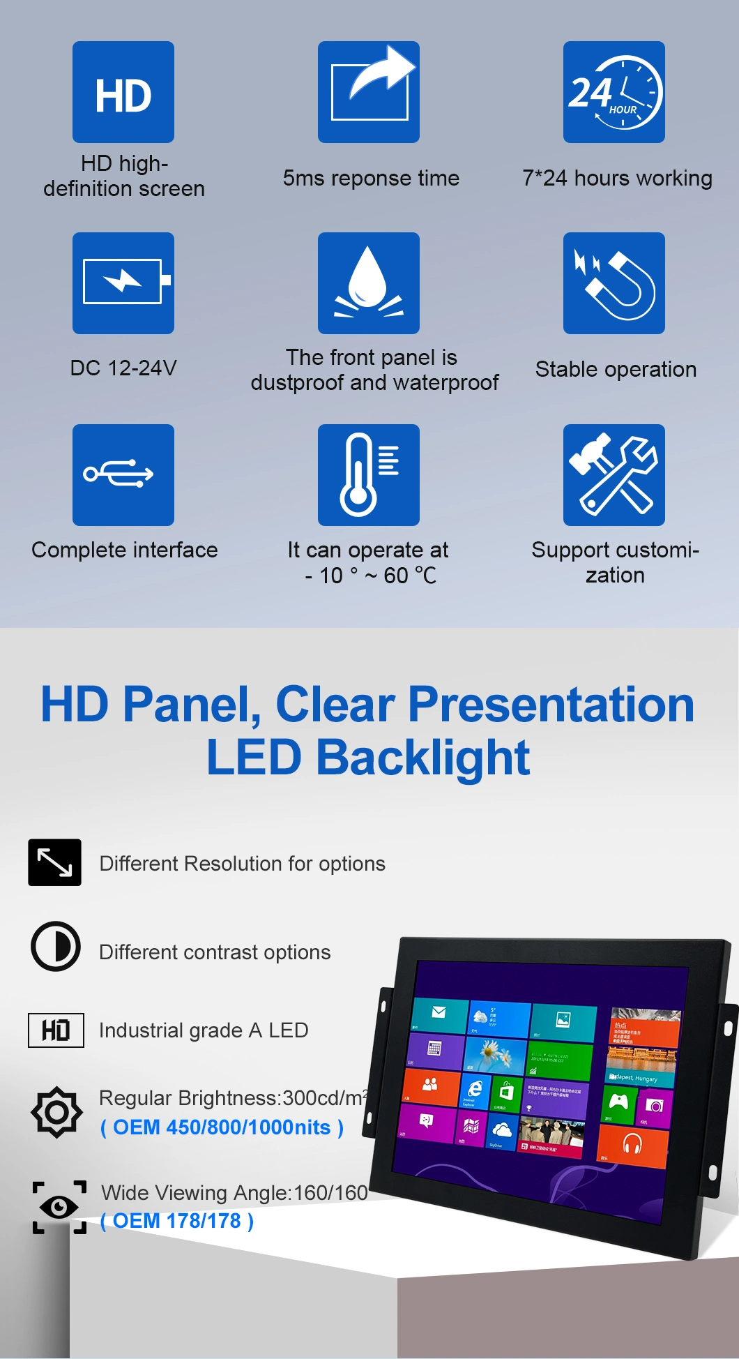 7 Inch 800*480 HDMI VGA AV BNC Non Touch Screen Metal Case TFT Open Frame Embedded OEM ODM Industrial LCD Monitor